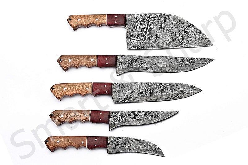 Smart & Sharp Custom Handmade Damascus Chef Knives Set/Kitchen Knives 5 Pieces Set SS-17210 and 17211 Poplar Wood (Poplar Wood) - Image 3